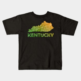 Colorful mandala art map of Kentucky with text in green and orange Kids T-Shirt
